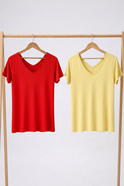 EFFE 2 τεμάχια βασικά μπλουζάκια με λαιμόκοψη V μπροστά και πίσω