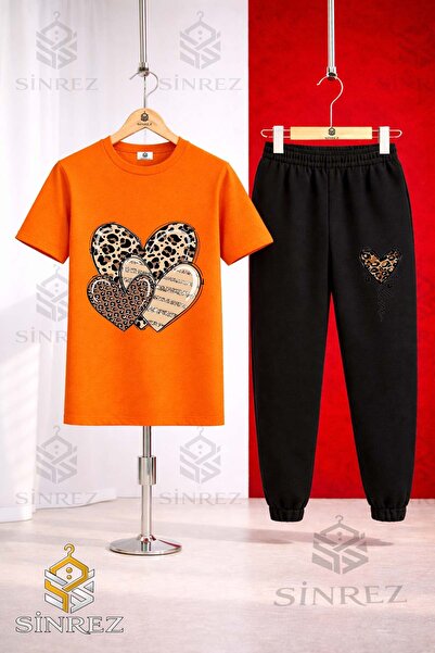 SİNREZ Unisex Kids Hearts Leopard Pattern Printed T-Shirt and Sweatpants Set