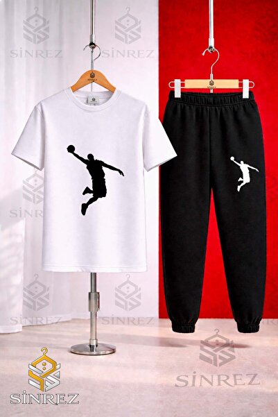 SİNREZ Unısex Çocuk BASKET ADAM SIYAH Baskılı Tişort Eşofman Takımı