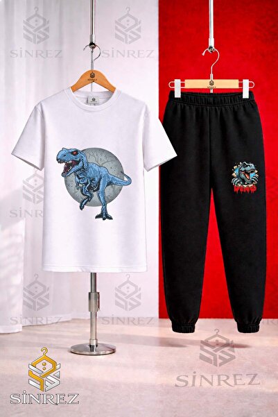 SİNREZ Unisex Kids Dinosaur Blue in the Circle Printed T-Shirt Tracksuit Set
