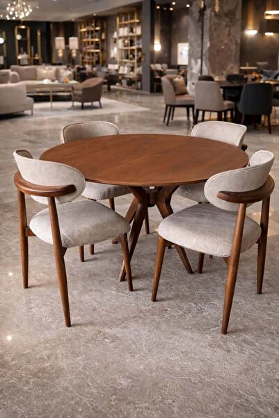 larissa design 4 KİŞİLİK MASA SANDALYE TAKIMI 120ÇAP MASA AHŞAP (RENK KOYU CE...