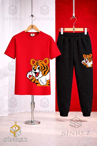 SİNREZ Unisex Kids' Yandan Cute Tiger Printed T-Shirt and Sweatpants Set