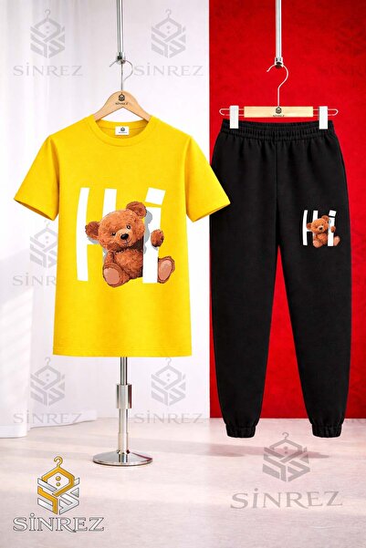 SİNREZ Set de trening unisex pentru copii, cu tricou imprimat HI BEAR IN THE ...