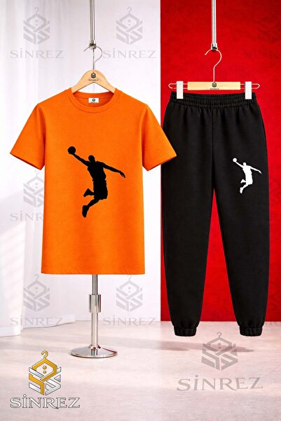 SİNREZ Unısex Çocuk BASKET ADAM SIYAH Baskılı Tişort Eşofman Takımı