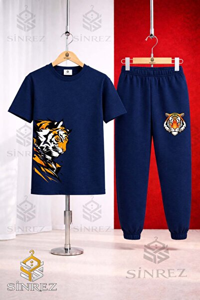 SİNREZ Set de trening unisex pentru copii, cu tricou imprimat TIGER SAG LOOKI...