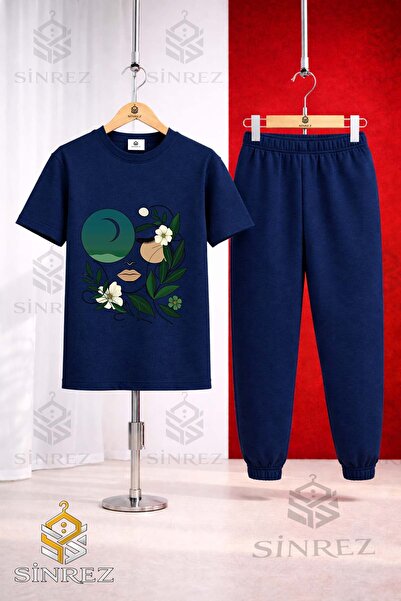 SİNREZ Unisex Kids Cicekten Green Girl Face Printed T-Shirt and Sweatpants Set