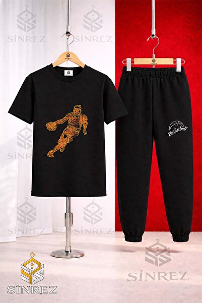 SİNREZ Unisex Kids Basketball Player Flame Printed T-Shirt Tracksuit Set