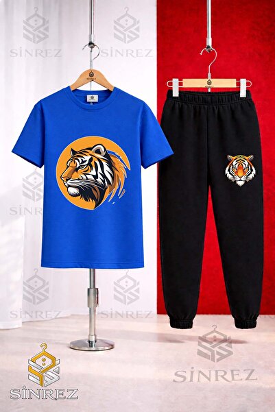 SİNREZ Unisex Kids Tiger Head Circle Printed T-Shirt Tracksuit Set