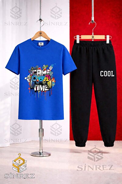 SİNREZ Unisex Kids Game Time Cool Printed T-Shirt Tracksuit Set