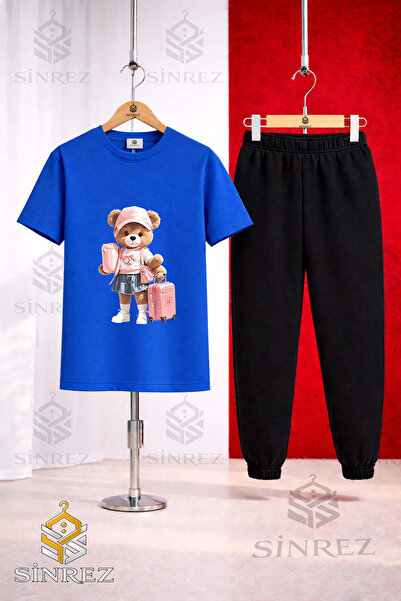 SİNREZ Unisex Kids' Girls' Printed T-Shirt and Tracksuit Set with Teddy Bear ...
