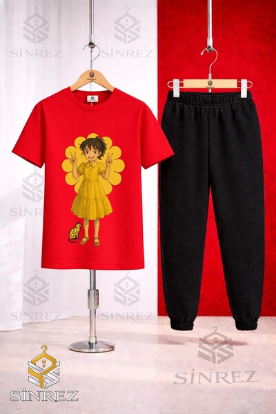 SİNREZ Unisex Kids Hvn Girl Anime Printed T-Shirt and Sweatpants Set