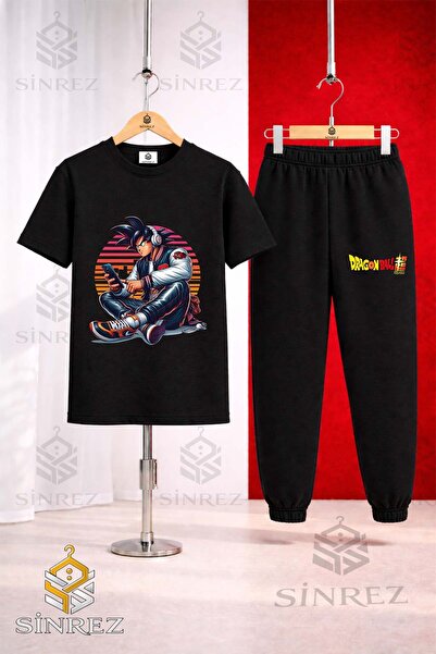 SİNREZ Unisex Kids Goku Phone Headset Sitting Printed T-Shirt Tracksuit Set