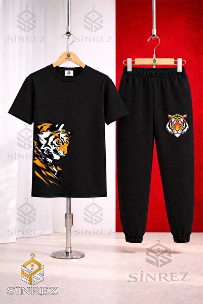 SİNREZ Unisex Kids Tiger Sag Looking up Head Printed T-Shirt Tracksuit Set