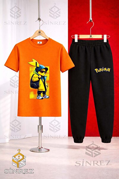 SİNREZ Unisex Kids Pikhc Cantali Yellow Tvl Printed T-Shirt Tracksuit Set