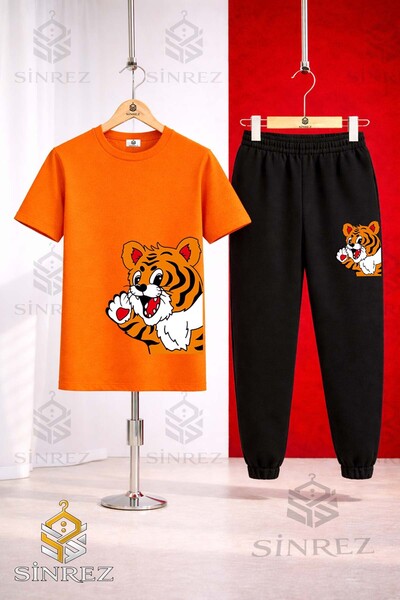 SİNREZ Set de trening unisex pentru copii, cu tricou imprimat cu tigru drăguț