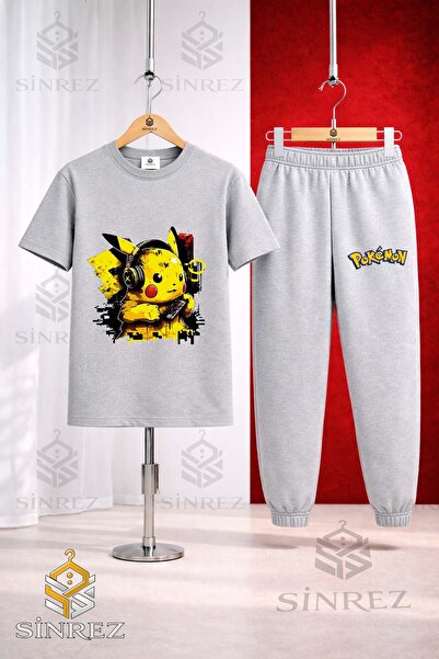 SİNREZ Unisex Kids Pikhacu Headphone Half Printed T-Shirt Tracksuit Set