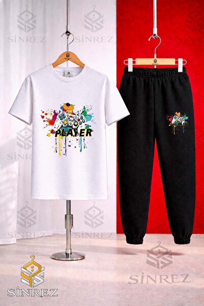 SİNREZ Unisex Kids Game on Player Colorful Printed T-Shirt Tracksuit Set