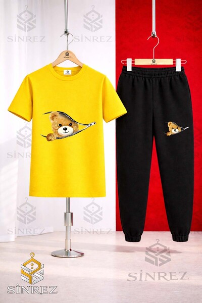 SİNREZ Set de trening unisex pentru copii, cu tricou imprimat cu ursuleț și f...