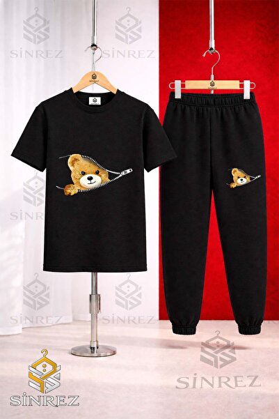 SİNREZ Unisex Kids' Zippered Teddy Bear Printed T-Shirt and Sweatpants Set