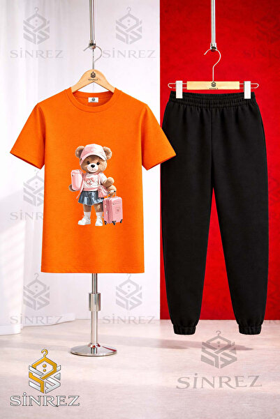 SİNREZ Unisex Kids' Girls' Printed T-Shirt and Tracksuit Set with Teddy Bear ...