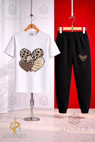 SİNREZ Set de trening unisex pentru copii, cu imprimeu cu inimi și leopard