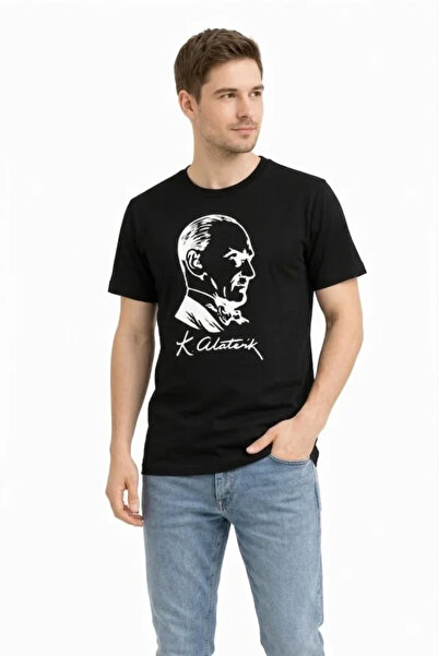 Simala Men's ataturk printed basic black t-shirt short sleeve crew neck t-shirt