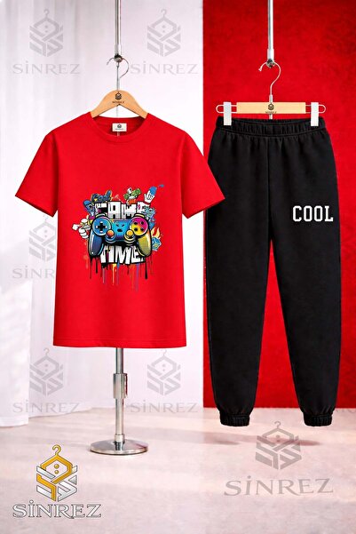 SİNREZ Unisex Kids Game Time Cool Printed T-Shirt Tracksuit Set