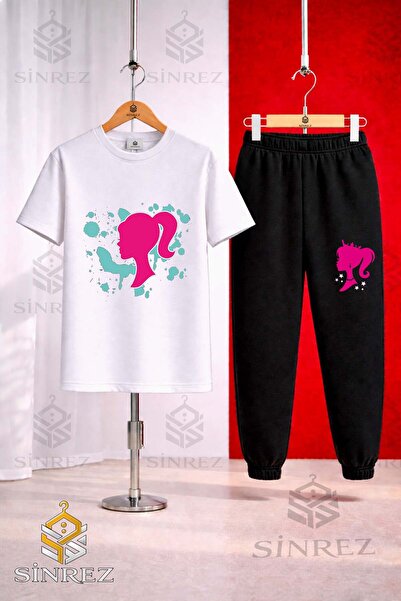 SİNREZ Unisex Kids Brbi Head Turquoise Painted Printed T-Shirt Tracksuit Set