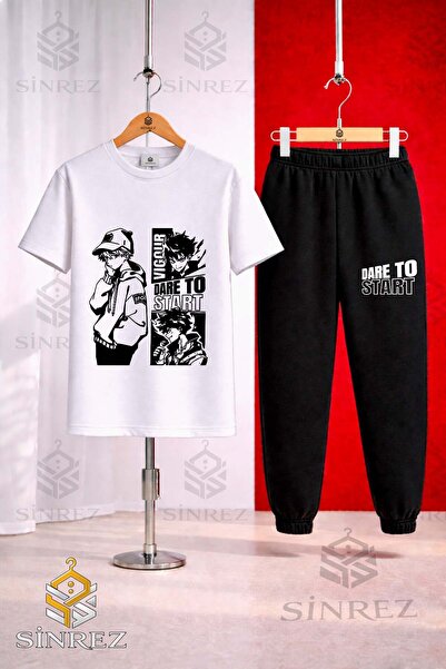 SİNREZ Unisex Kids Dare to Start Black Printed T-Shirt Tracksuit Set