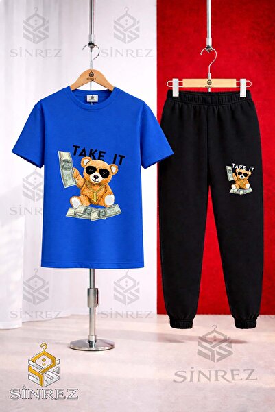 SİNREZ Unisex Kids Ayicik Take It Syh Printed T-Shirt Tracksuit Set