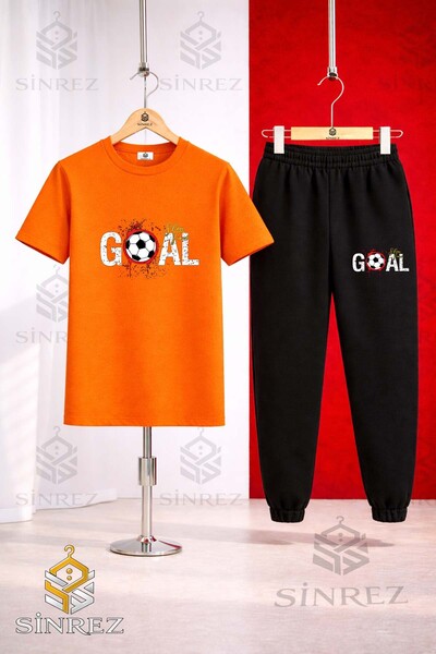 SİNREZ Unisex Kids Goal Stained Text Top Printed T-Shirt Tracksuit Set