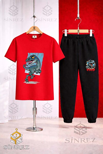 SİNREZ Set de trening unisex pentru copii, cu tricou imprimat cu dinozauri, d...