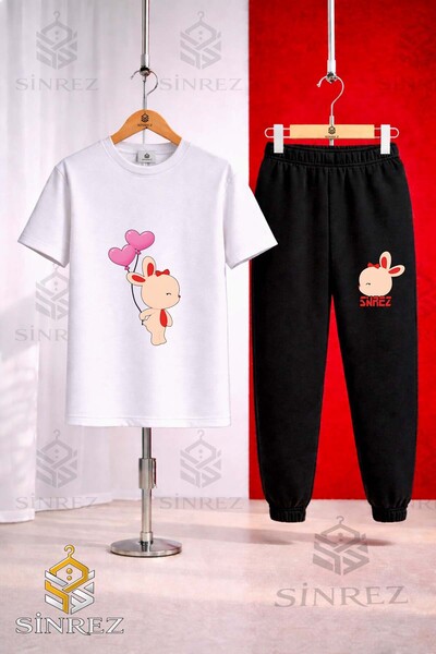SİNREZ Unisex Kids' T-Shirt with Tavsan Heart Balloon Print on the Back and S...