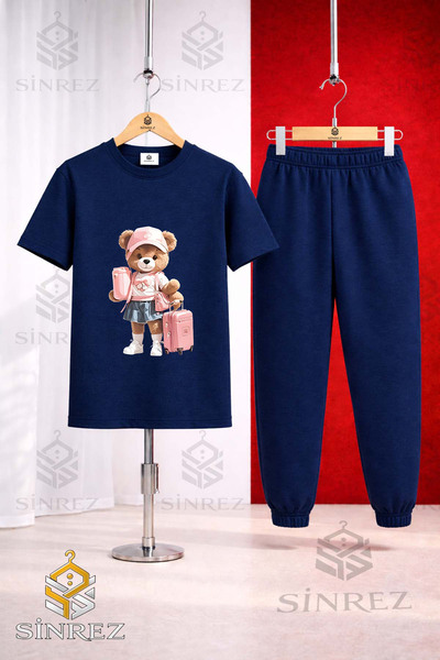 SİNREZ Unisex Kids' Girls' Printed T-Shirt and Tracksuit Set with Teddy Bear ...