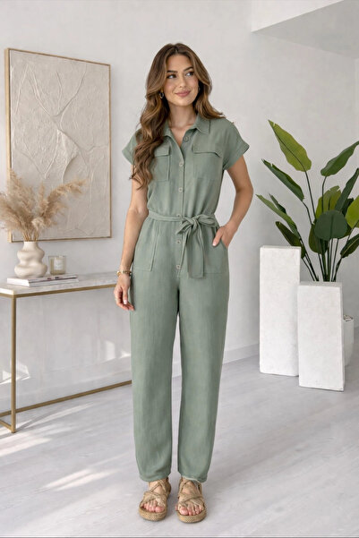 Lusin Γυναικεία καλοκαιρινή λινή φόρμα με πράσινη ζώνη, λεπτομερείς τσέπες κα...