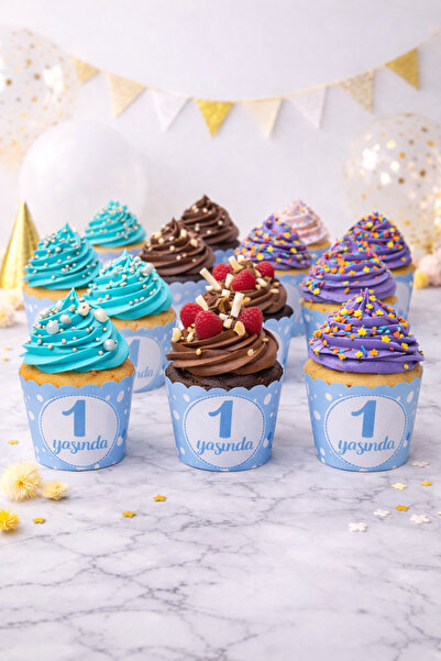 Baloncu Nene 1 Yaşında Mavi Cupcake Kek Kapsülü 25’li Paket Erkek Bebek Doğum...