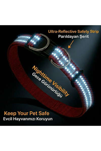 Tasma Market Reflective Dog Collar with Clip, Adjustable Double D-Rings, Night Visibility (S-L)