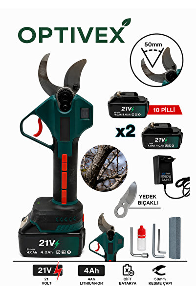 OPTIVEX 21V 4Ah 10 Pilli Kömürsüz 50 Mm Çelik Bıçaklı Dal Budama Makası