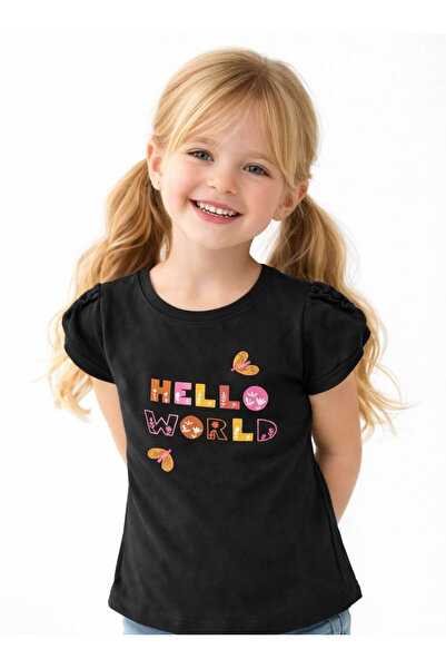 Noone Devojčica, majica sa otisnutim natpisom "Hello World" i rukavima na vez...