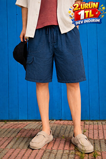 DAMGA JEANS Men's Premium Navy Blue Linen Shorts with Plenty of Cargo Pockets