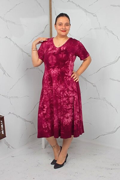 Truva XXL Cotton Lycra Crystal Fabric V-Neck Burgundy Patterned Midi Dress