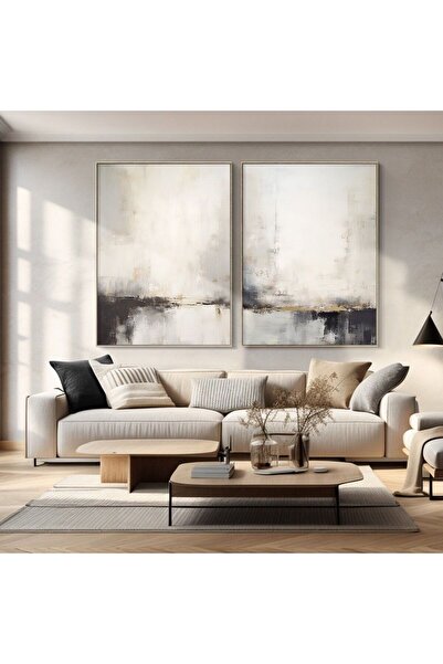 lawhat Abstract Double Panel Set in Beige, Grey and Black Modern Luxury Canva...