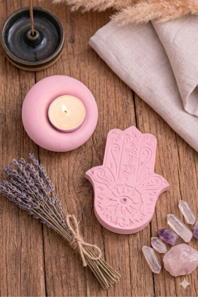 LORİCA Pembe Boho Mumluk & Hamsa Dekor Seti – El Figürlü Tütsülük, Ritüel & M...
