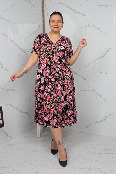 Truva XXL Floral Patterned Crystal Cotton V-Neck Blue Midi Dress