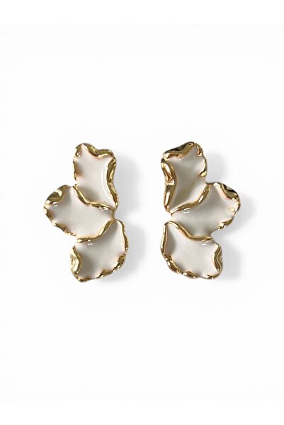 Gold Color White Enamel Leaf Earrings