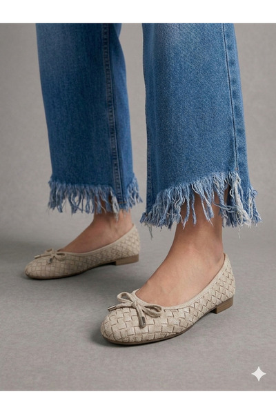 NUVE SHOES Kadın Süet Örgü Fiyonklu Babet Günlük