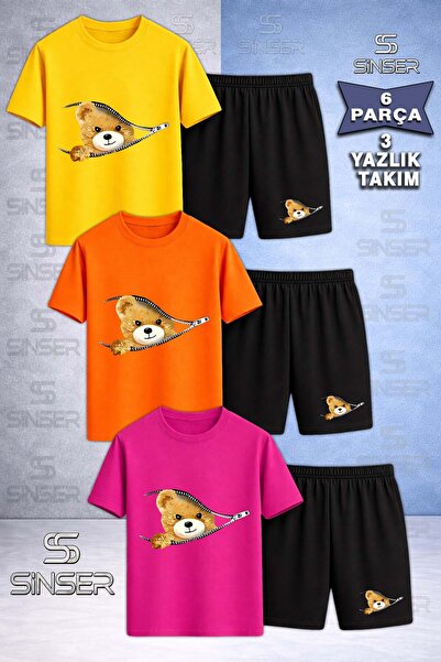 SS SİNSER Children's Half Zippered Bear Custom Printed Crew Neck 3-Piece T-Sh...