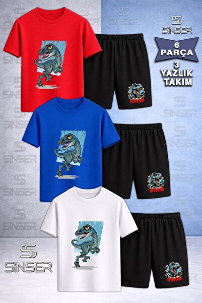 SS SİNSER Children's Dinosaur Turquoise Canvas Custom Printed Crew Neck 3-Pie...