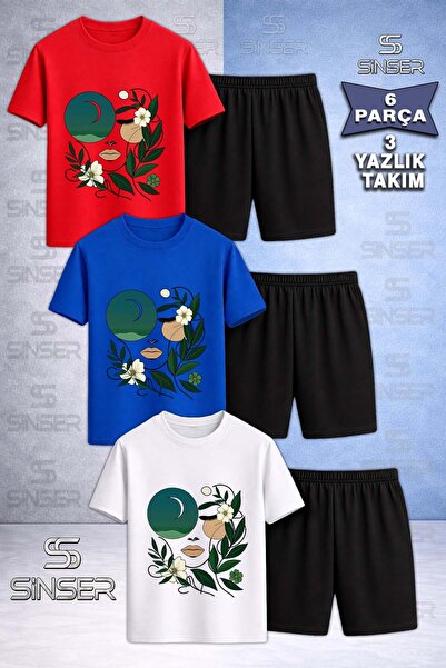 SS SİNSER Children's Cicekten Green Girl Yuzu Special Printed Crew Neck 3-Pie...