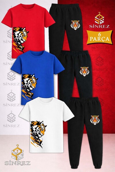 SİNREZ Children's Tiger Sag Looking up Head Printed 3-Piece T-Shirt Tracksuit...